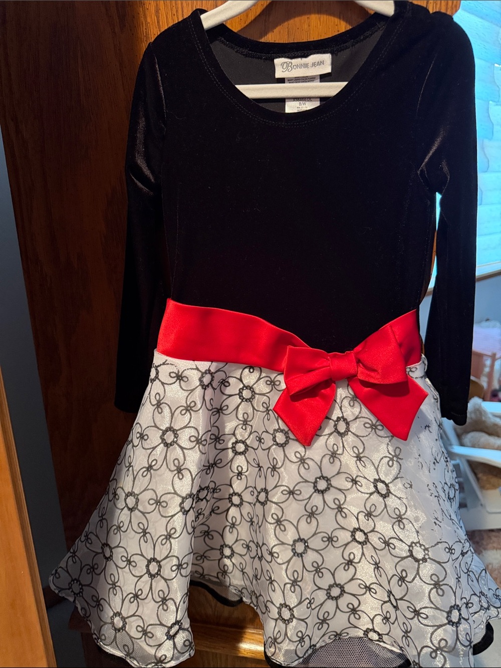 Bonnie Jean Black Velvet Dress with White Floral Skirt and Red Satin Bow